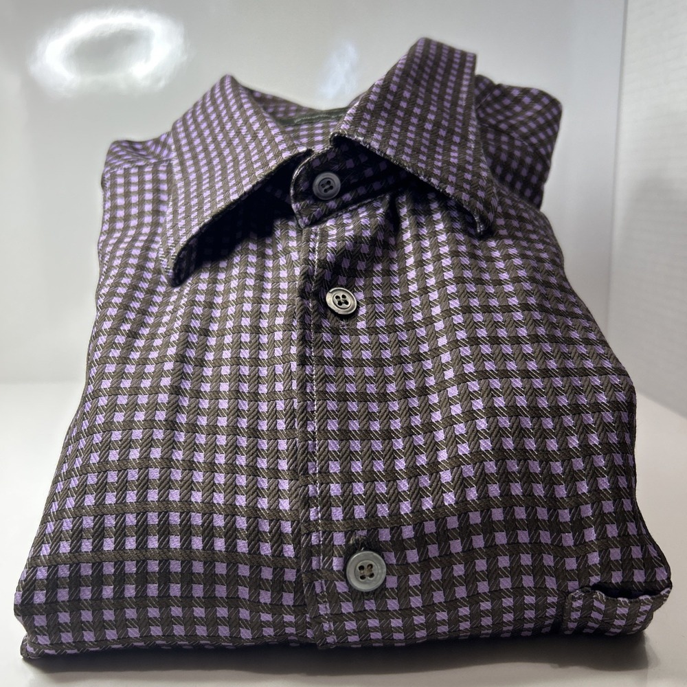 Ermenegildo Zegna Men's L Long Sleeve Button Up Purple Brown Gingham - Picture 9 of 16